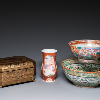 Two Chinese Canton famille rose bowls, a vase and a gilt-lacquered box, Qianlong and later