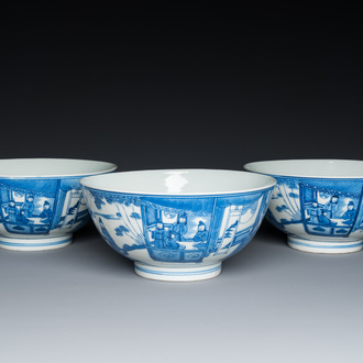 Three Chinese blue and white bowls with figurative design, Xuande mark, 19th C.