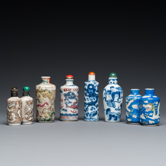 Six Chinese snuff bottles with dragons and Buddhist lions, 19/20th C.