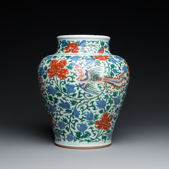 A Chinese wucai 'phoenix and peony scrolls' vase, Transitional period