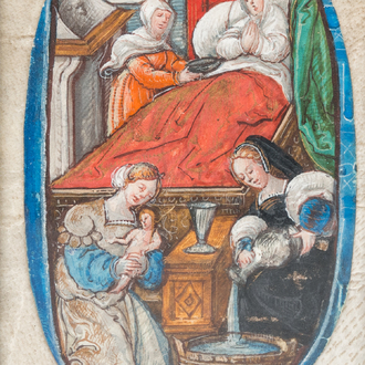 Miniature on paper: 'Birth of the Virgin', part of a historiated initial from an illuminated manuscript, 15th C.