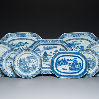 Nine Chinese blue and white dishes, Qianlong