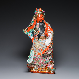 A large Chinese famille rose figure of Guandi, signed Zeng Shandong 曾山東, dated 1984