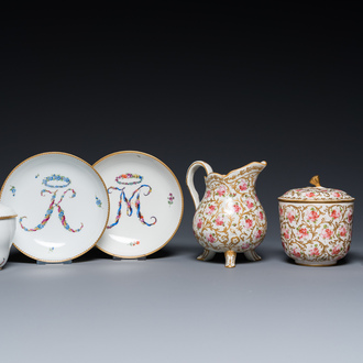 A Meissen porcelain covered bowl and two saucers, a Sèvres-style milk jug, a covered bowl and a cup, Germany and France, 19/20th C.