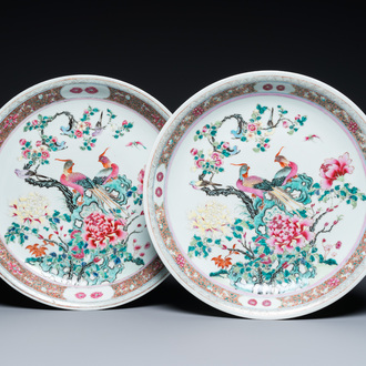 A pair of fine Chinese famille rose 'pheasants' dishes, 19th C.