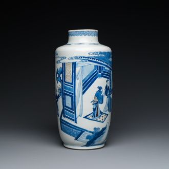 A Chinese blue, white and copper-red 'narrative subject' rouleau vase, Kangxi