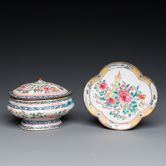 A Chinese Canton spice box and a four-lobed dish, Yongzheng/Qianlong