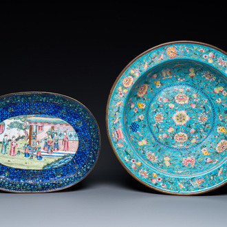 A Chinese Canton enamel turquoise-ground basin and a blue-ground dish, 18/19th C.