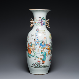 A Chinese famille rose two-sided design vase with court scene, signed Xia Jingguang 夏靜廣, Republic