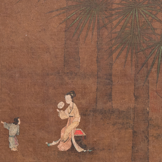 Chinese School: 'Lady and servant', ink and colour on silk, Ming