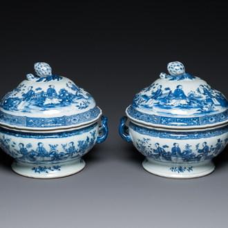 A pair of Chinese blue and white covered tureens with ladies in a garden, Qianlong