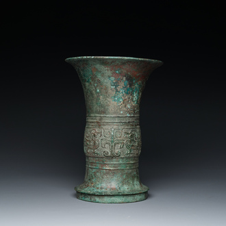 A Chinese inscribed archaic bronze ritual 'zun' wine vessel, probably Western Zhou