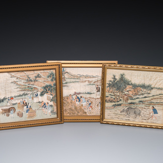 Chinese school: Three rice production scenes, ink and colour on silk, 19th C.