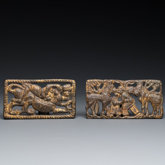 Two Chinese gilt bronze belt plaques, Xiongnu culture, Qin