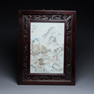 A Chinese rectangular qianjiang cai 'mountainous landscape' plaque in the style of Cheng Men, 19th C.