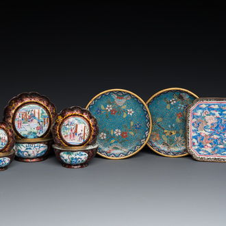 Two Chinese cloisonné saucers, three Canton enamel covered boxes and a saucer, 18/19th C.