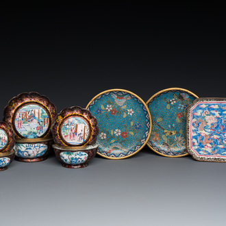 Two Chinese cloisonné saucers, three Canton enamel covered boxes and a saucer, 18/19th C.