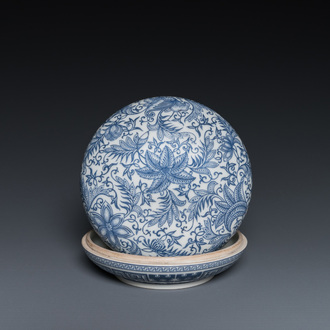 A Chinese overglaze blue enamelled box and cover with floral design, probably Republic