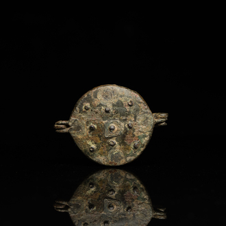 A rare small bronze hanging mirror box, Flanders or The Netherlands, 14/15th C.