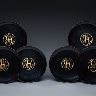 Six Chinese Fuzhou or Foochow lacquer dishes with a monogram, Shen Shao An mark, Republic