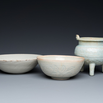 Two Chinese qingbai bowls and a tripod censer, Song/Ming