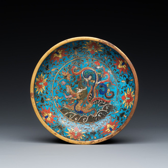 A Chinese cloisonné 'dragon' brush washer, Qianlong mark but probably later