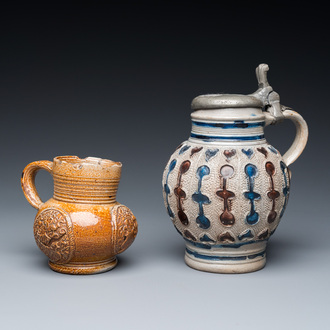 A stoneware armorial jug and a pewter-mounted jug, Raeren and Westerwald, 16/17th C.