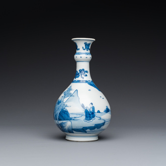 Een Chinese blauw-witte flesvormige vaas met figuren in een landschap, Kangxi