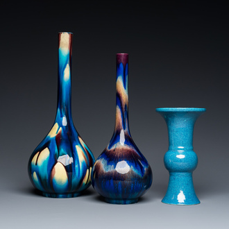 Two Japanese flambé-glazed Awaji bottle vases and a Chinese robin's egg-glazed vase, 19/20th C.