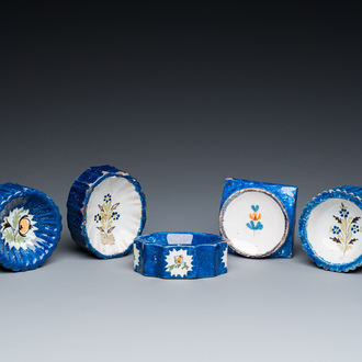 Five polychrome Brussels faience salts, 18/19th C.