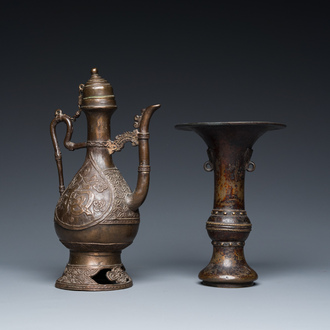 A Chinese bronze 'gu' vase and an Islamic market bronze ewer and cover, Ming