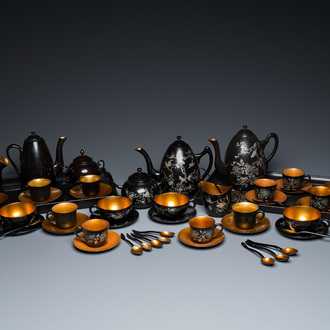 Two Chinese black Fuzhou or Foochow lacquer coffee services on trays, Republic