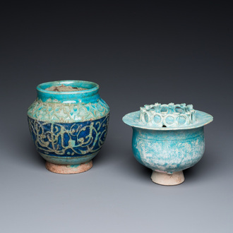 A turquoise-glazed Kashan bowl and a jar with calligraphic design, Persia, 13th C. and later