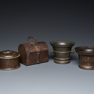 Two bronze mortars, a round lidded box and an iron casket, Western Europe, 16/17th C.