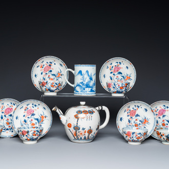 Six Chinese famille rose cups and saucers, an Imari-style teapot and a blue and white mug, Kangxi/Qianlong