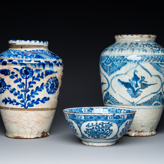 Two blue and white Islamic pottery storage jars and a bowl, Persia, 17/19th C.
