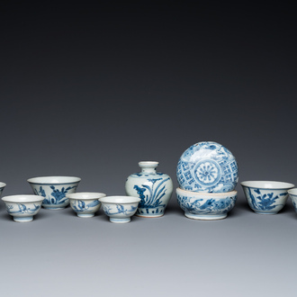 Nine Chinese blue and white shipwreck porcelain wares, Wanli and later