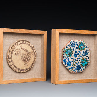 An octagonal Kubachi tile and a fragment of an early dish, Persia and Cyprus, 17th C. and ca. 6th C. b.C.