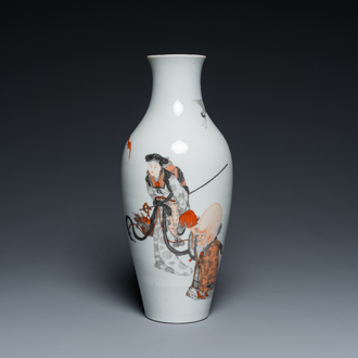 A Chinese iron-red and grisaille 'Shou Lao and Lan Caihe' vase, Hongxian mark, Republic