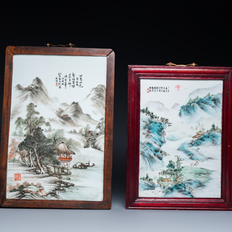 Two Chinese qianjiang cai plaques, signed Wang Yunshan 汪雲山  and Wang Shu 王樞, dated 1932 and 1937