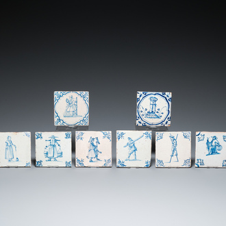 Eight Dutch Delft blue and white tiles with a jester, craftsmen at work and playing children, 17th C.