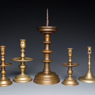 Five bronze and brass candlesticks, Flanders and The Netherlands, 15th C. and later