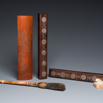 Five Chinese scholar's objects in bamboo, bone, inlaid wood and soapstone, 19/20th C.