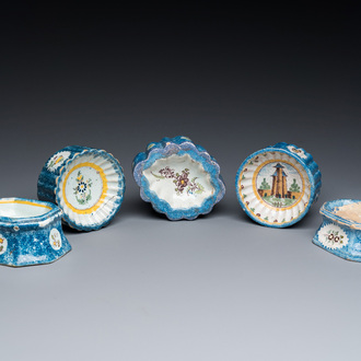 Five polychrome Brussels faience salts, 18/19th C.