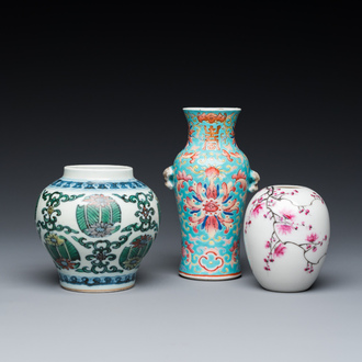 Three small Chinese doucai and famille rose vases, 19/20th C.