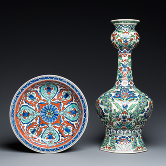 A large Iznik-style vase and a dish, Boch Frères Kéramis and Nimy, 1st half 20th C.