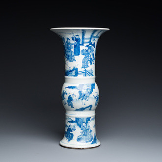 A Chinese blue and white 'gu' vase with figurative design, probably Kangxi