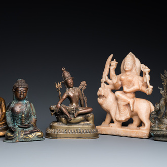 Five Asian sculptures in alabaster, bronze and brass, 19/20th C.