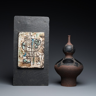 A partly black-glazed Perignem stoneware vase and a Pia Manu plaque, 2nd half 20th C.