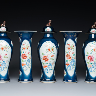 A Chinese blue-ground famille rose garniture of five vases with floral design, Qianlong